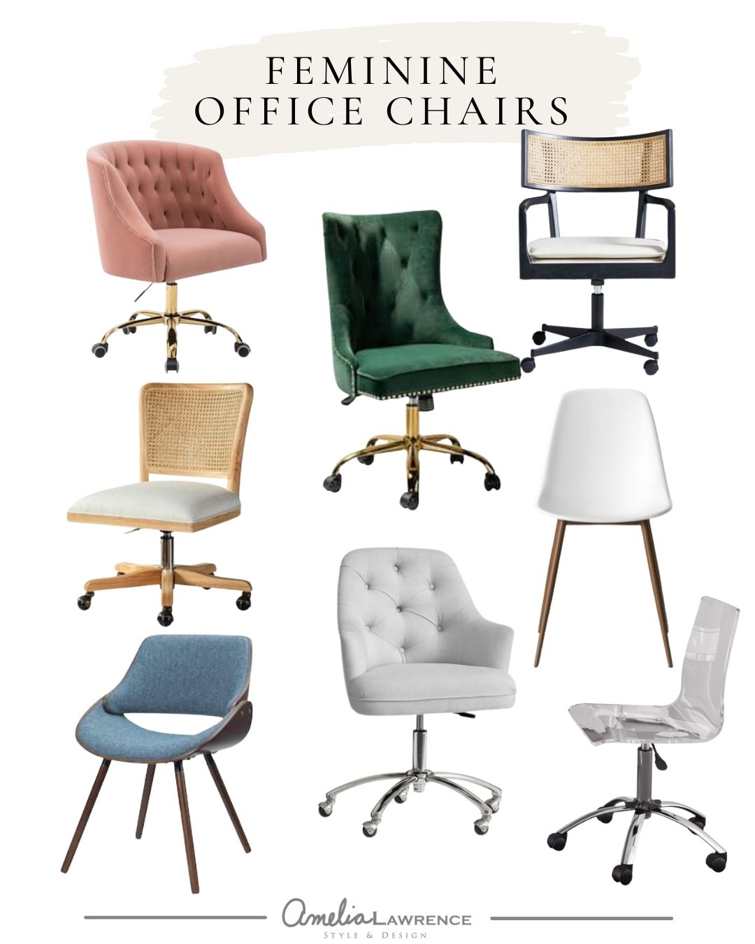 collage of curated feminine office chairs