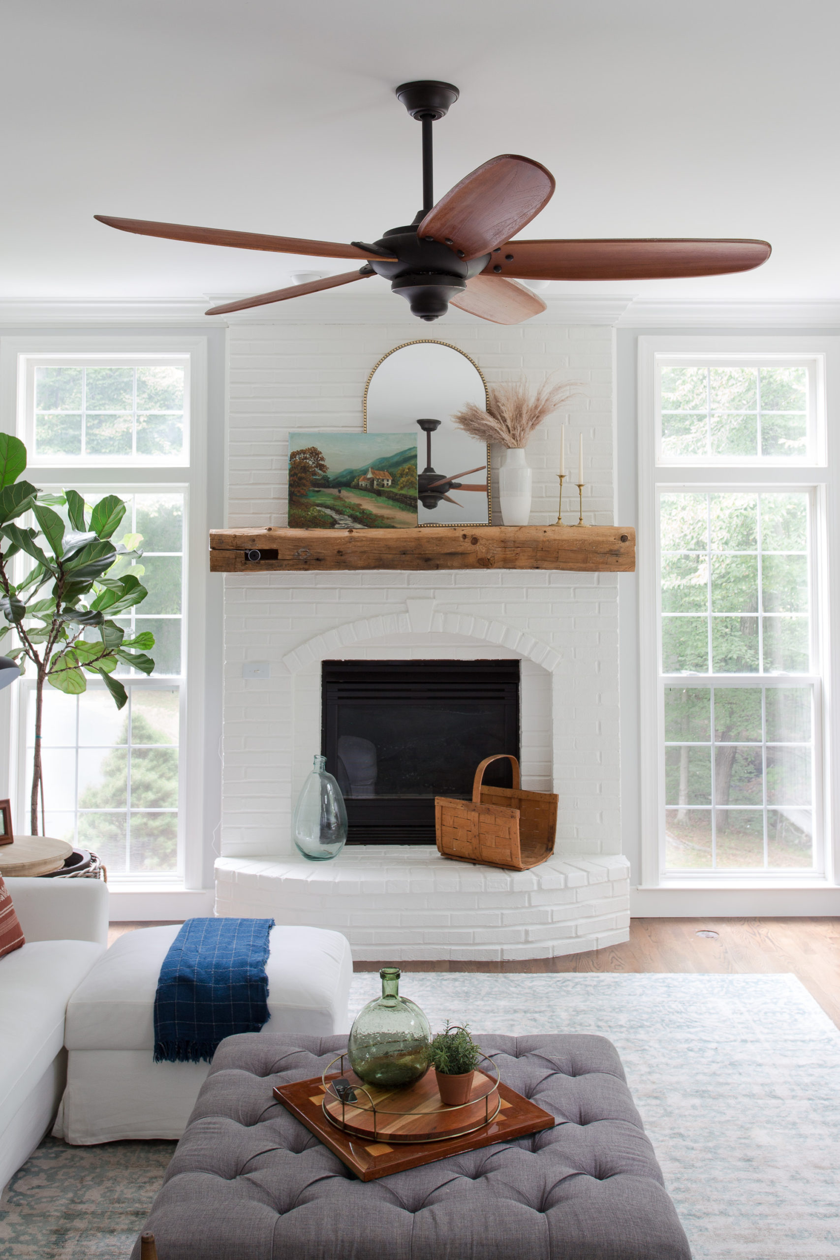 white dove painted brick fireplace