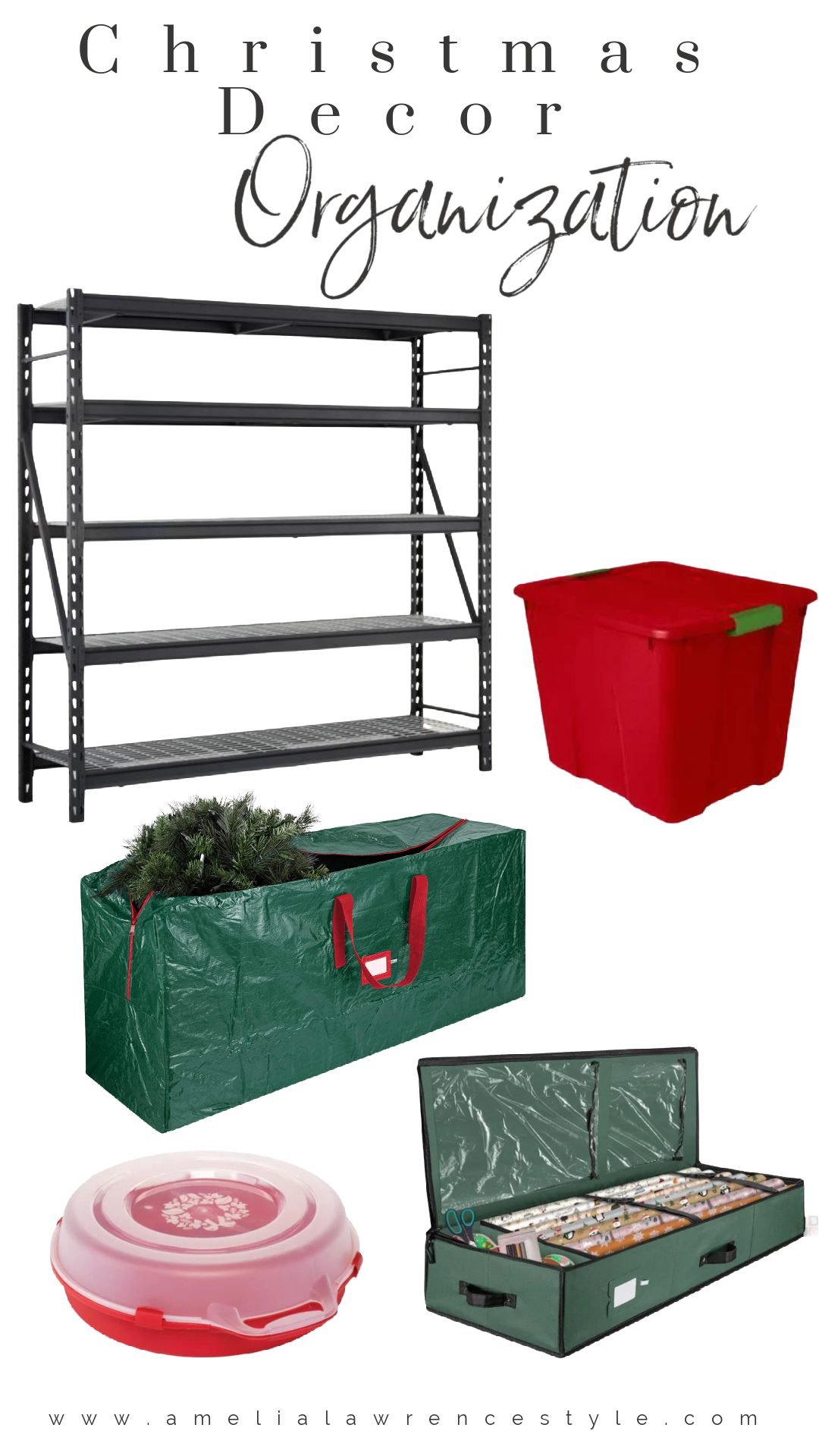 collage of storage products for Christmas decor 