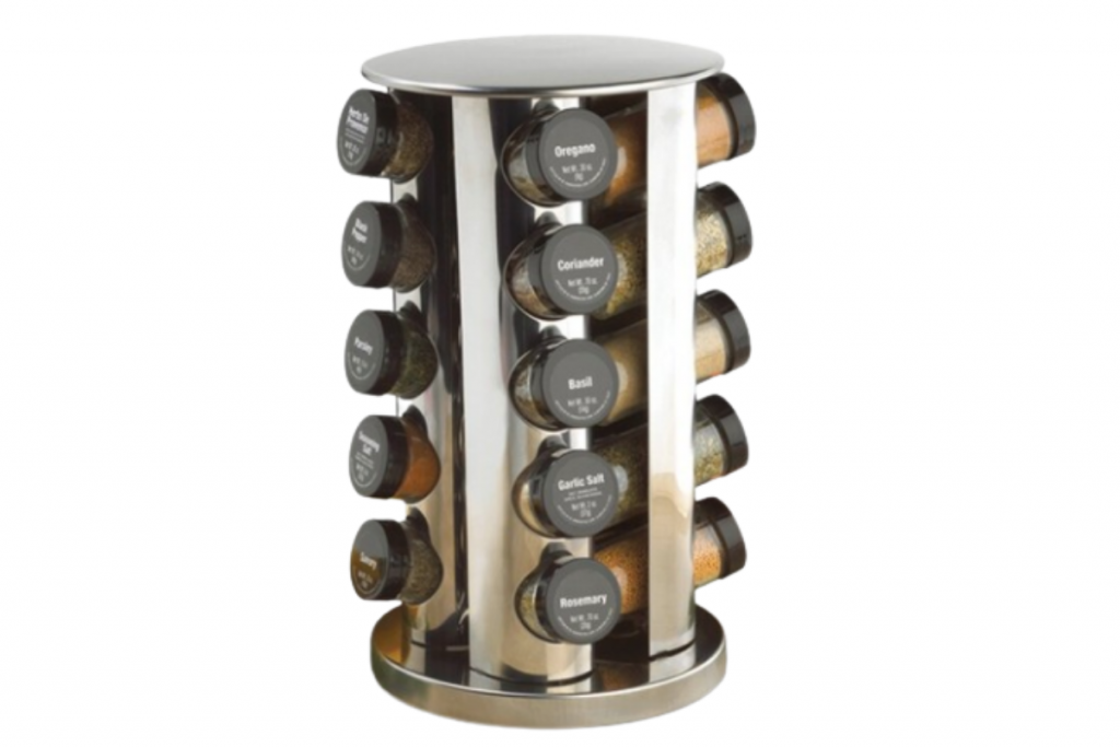 metal revolving spice rack with spice jars
