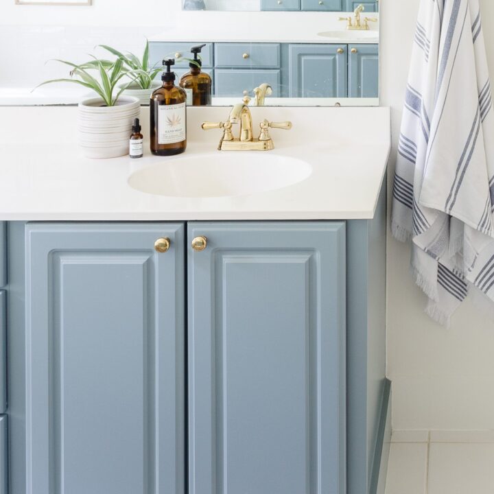 blue painted bathroom cabinet