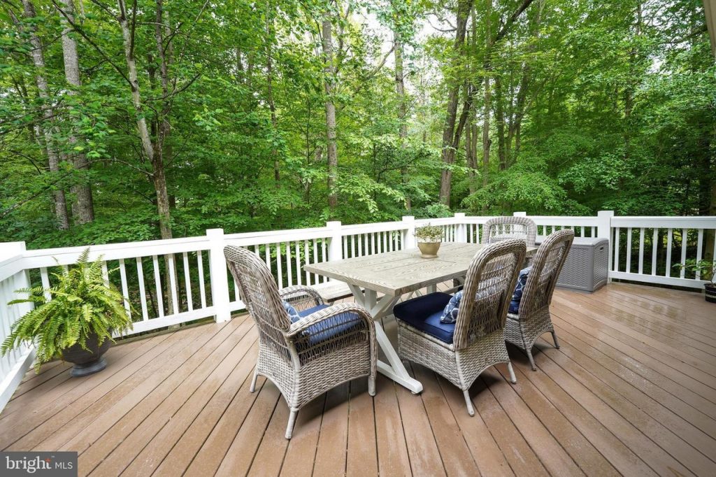 deck with table and chairs and fern
