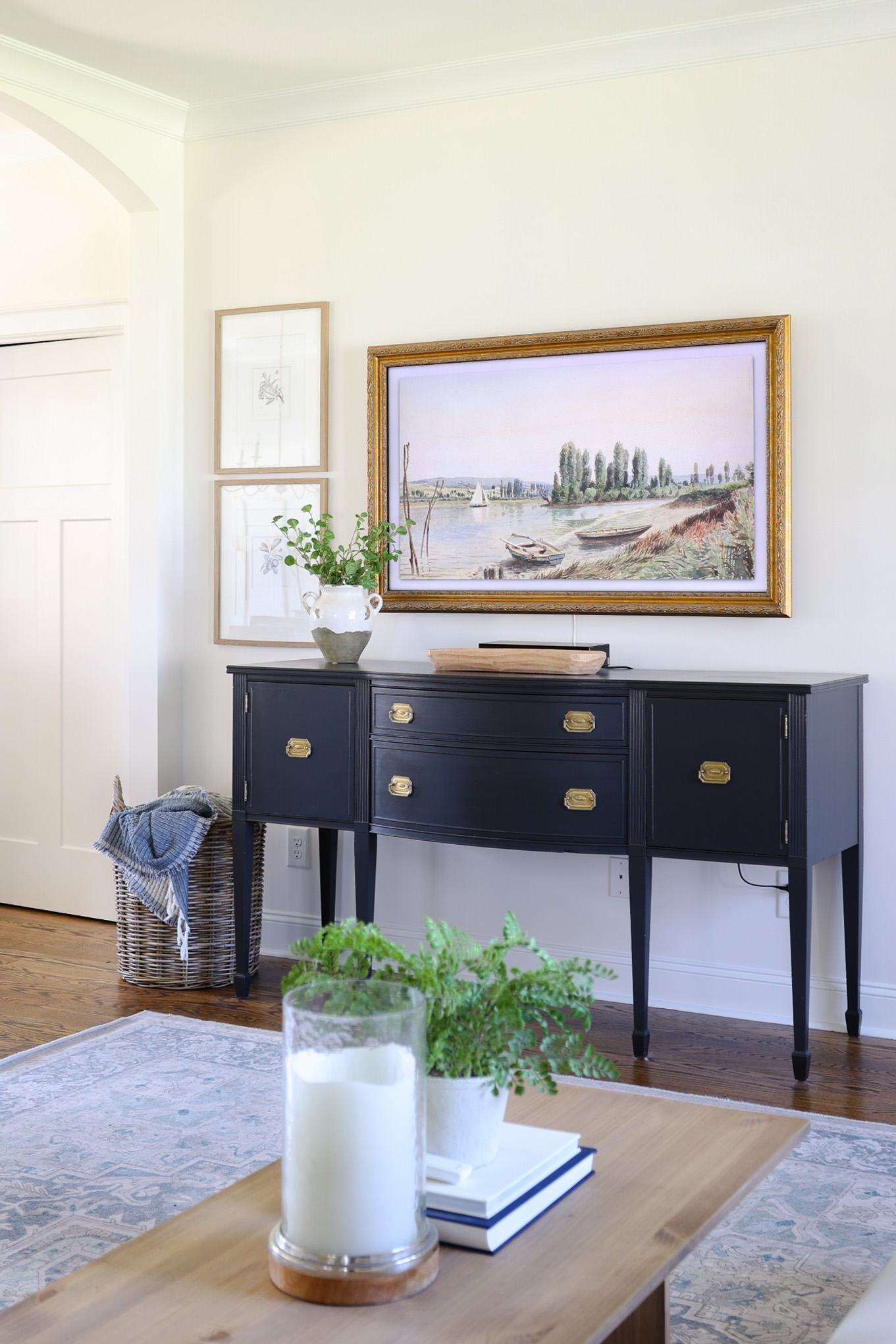 black buffet with white dove walls