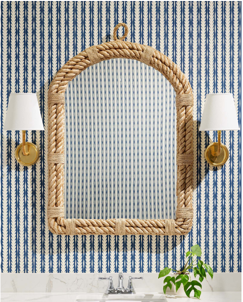 blue white stripe wallpaper and mirror