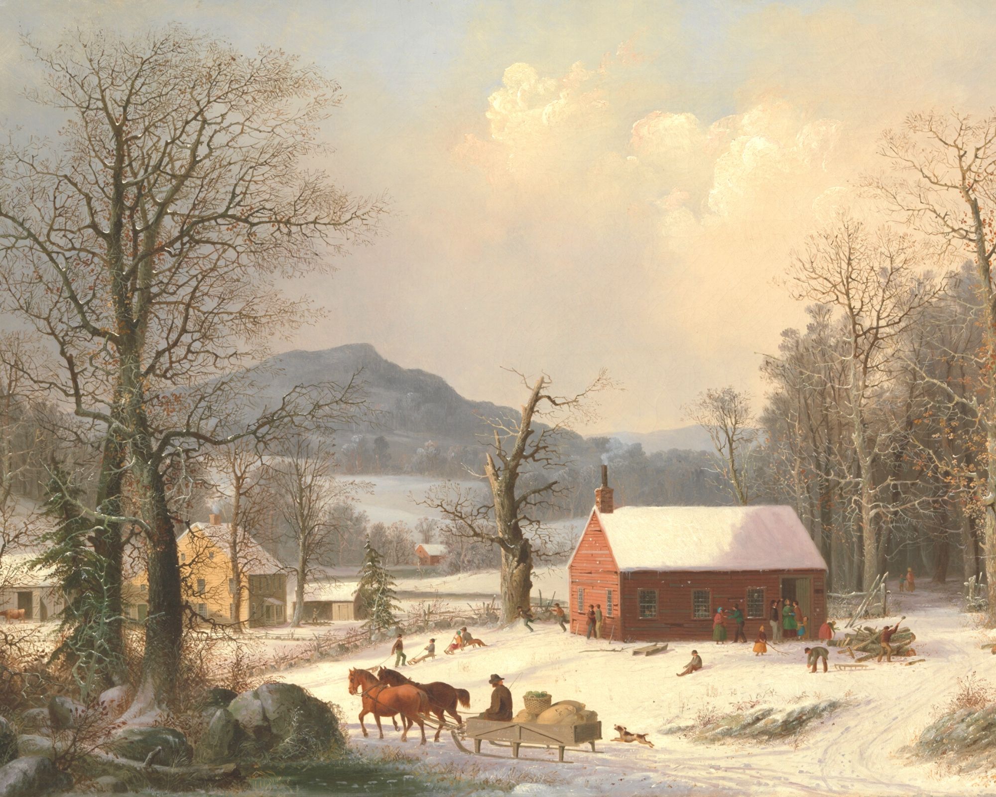 winter vintage art of red barn and snow with sleigh