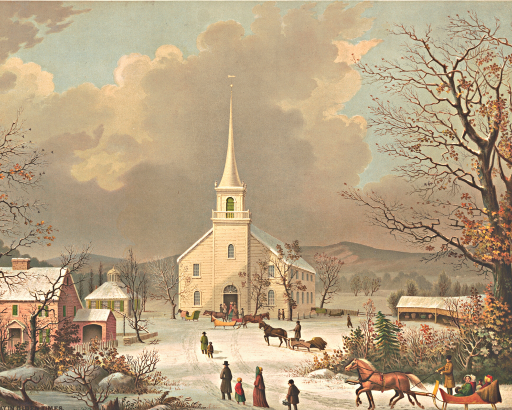 winter vintage art with white church and snow