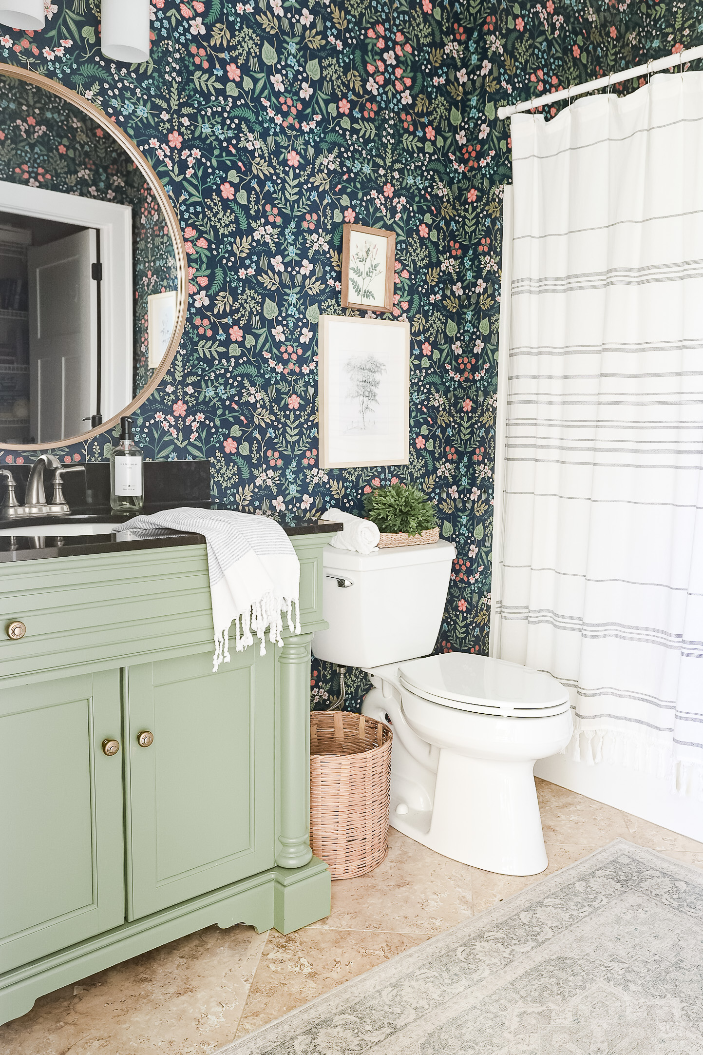 bathroom with green vanity and floral wallpaper Girl Bathroom Update