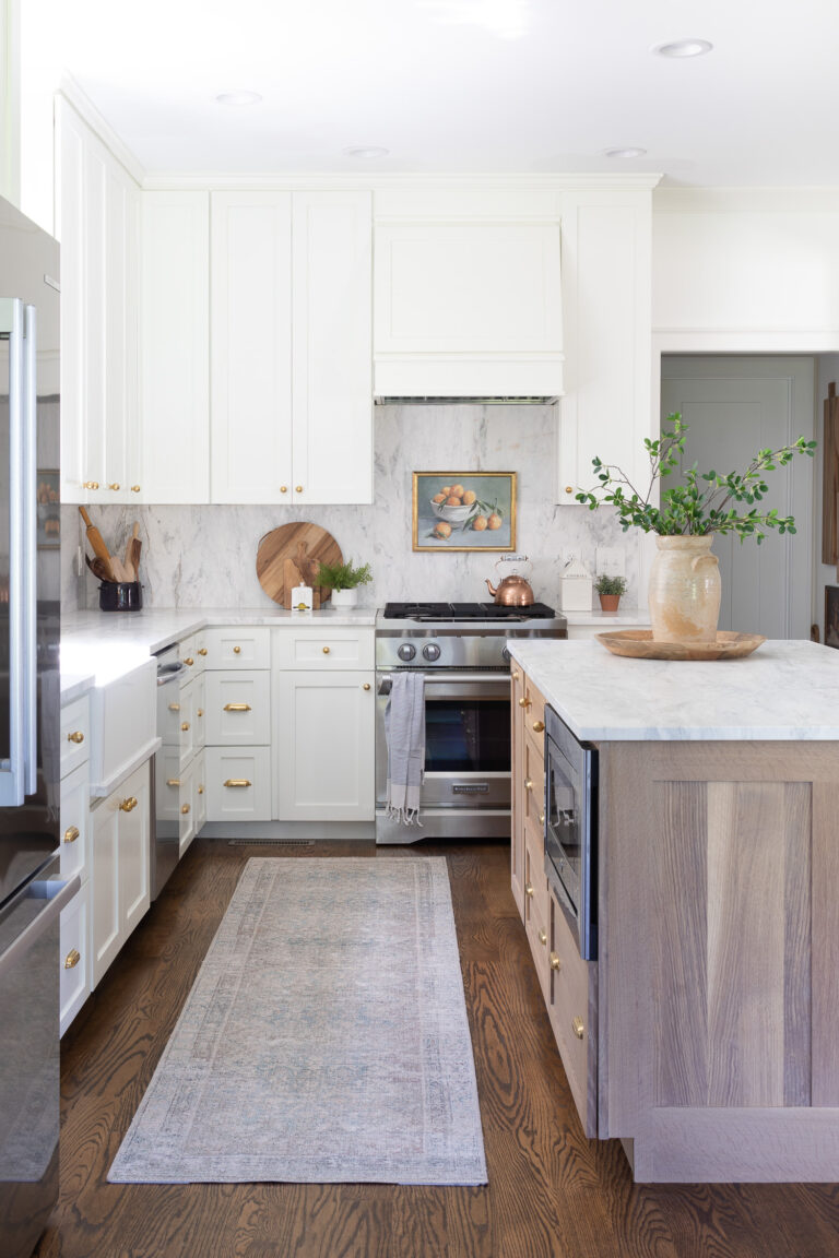 Benjamin moore simply white kitchen cabinets with wood island