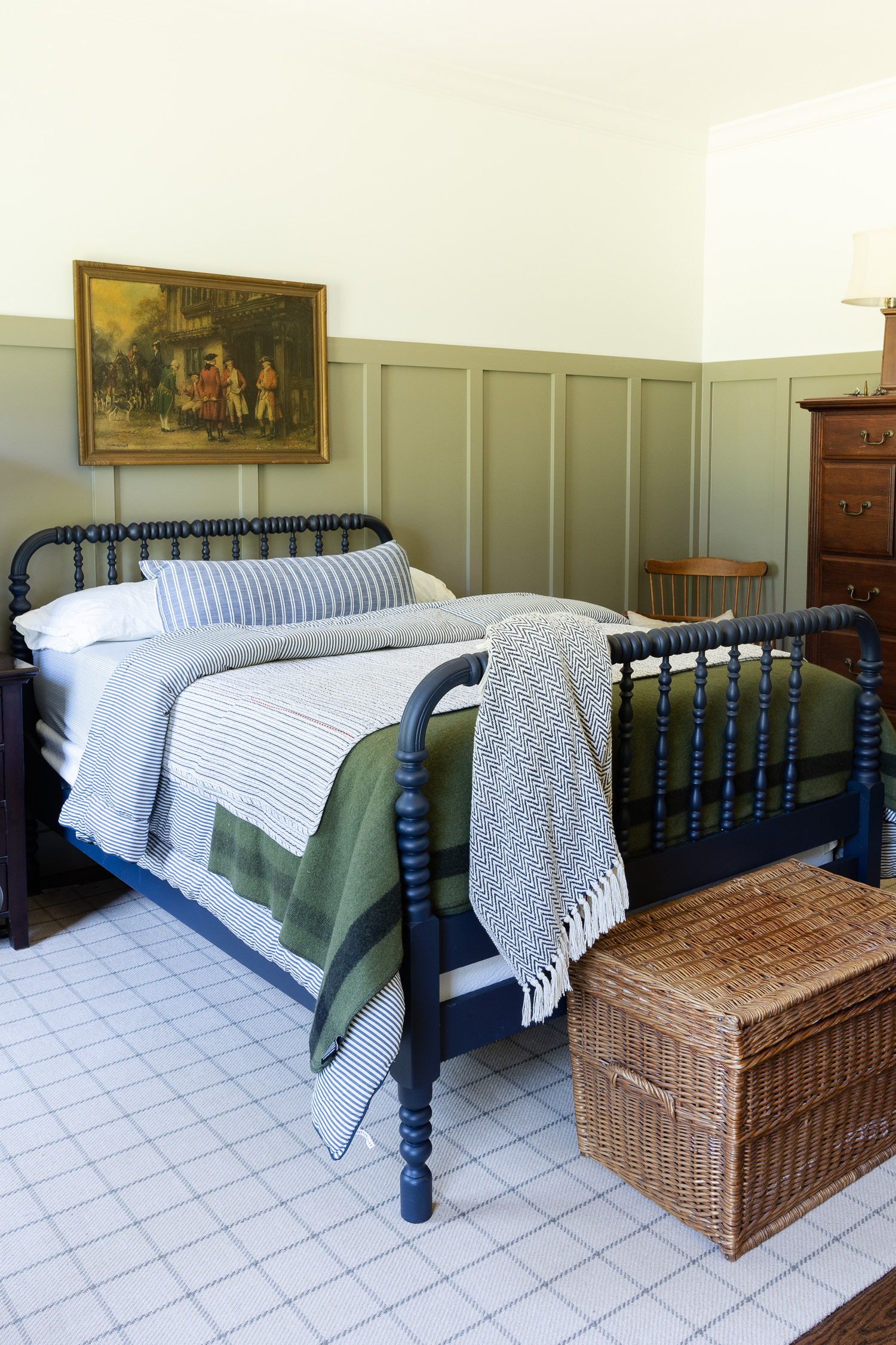 blue spindle bed in boys room