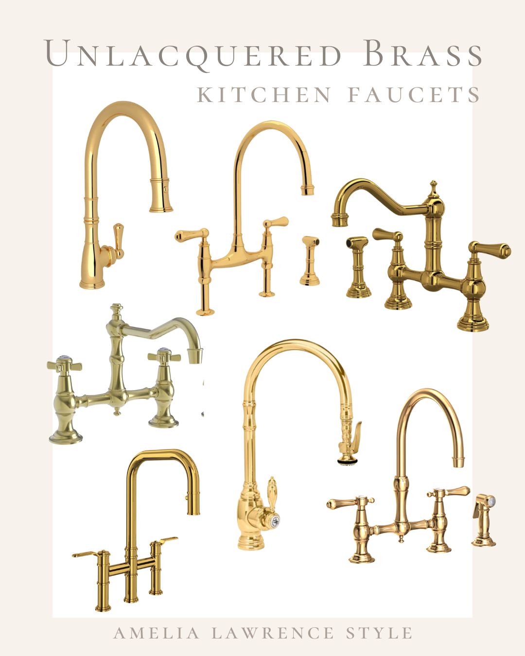 collage of unlacquered brass kitchen faucets