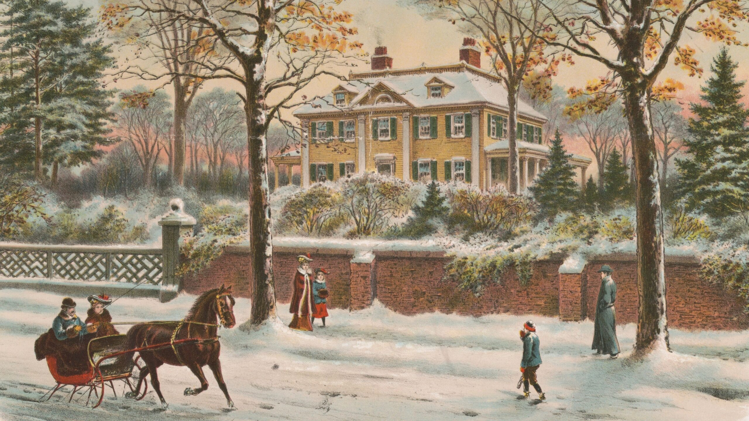 yellow house in winter vintage prints