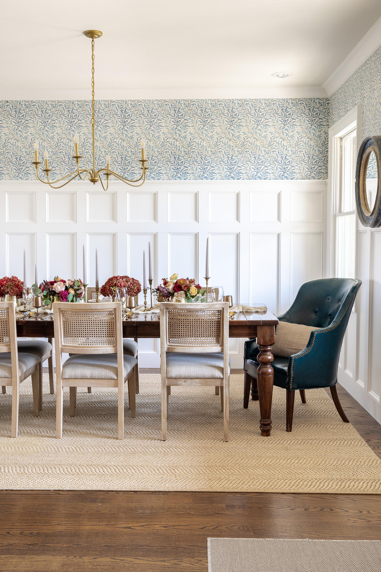 Dining room table with Thanksgiving table setting