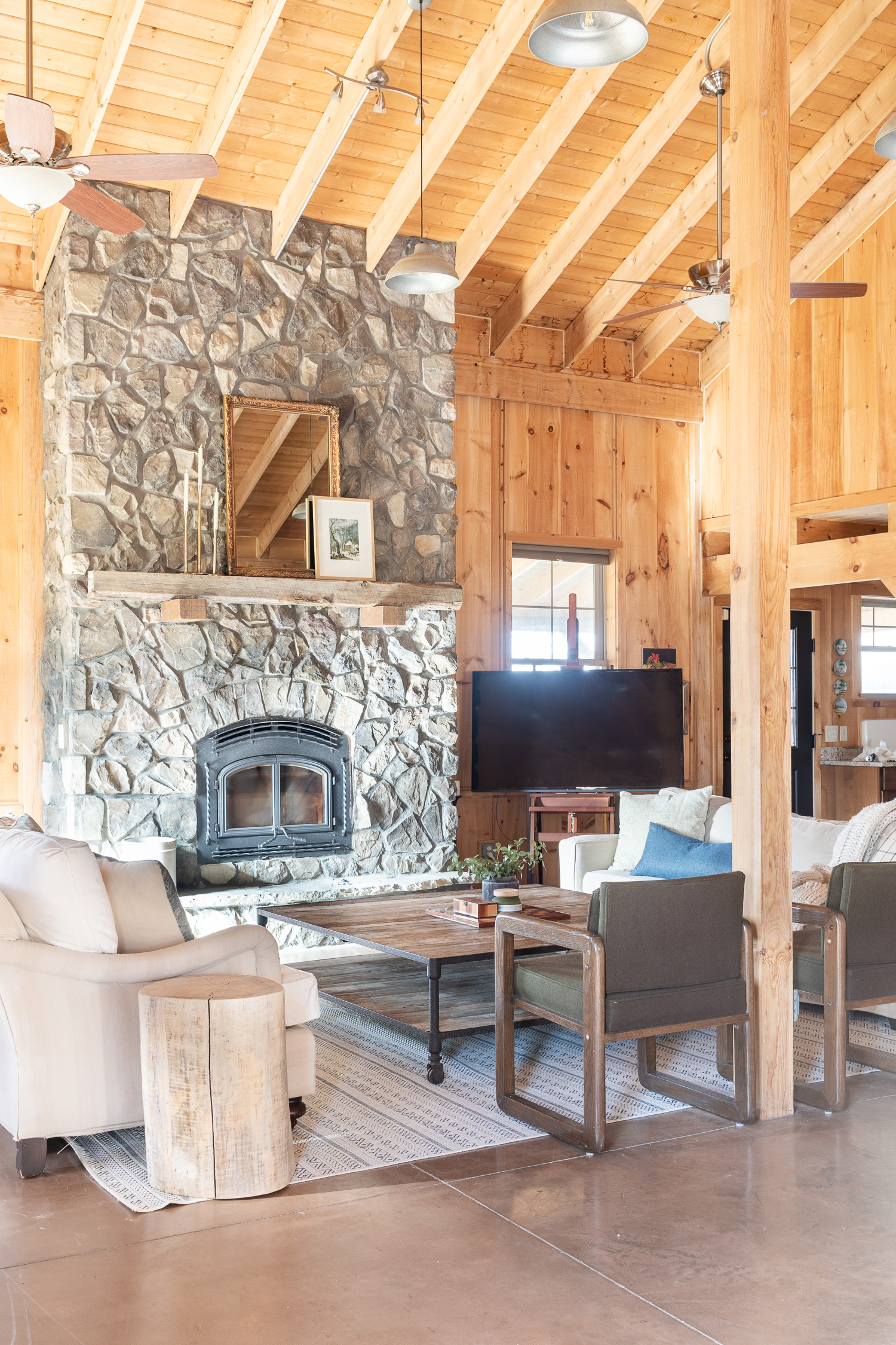  barndominium living room with fireplace