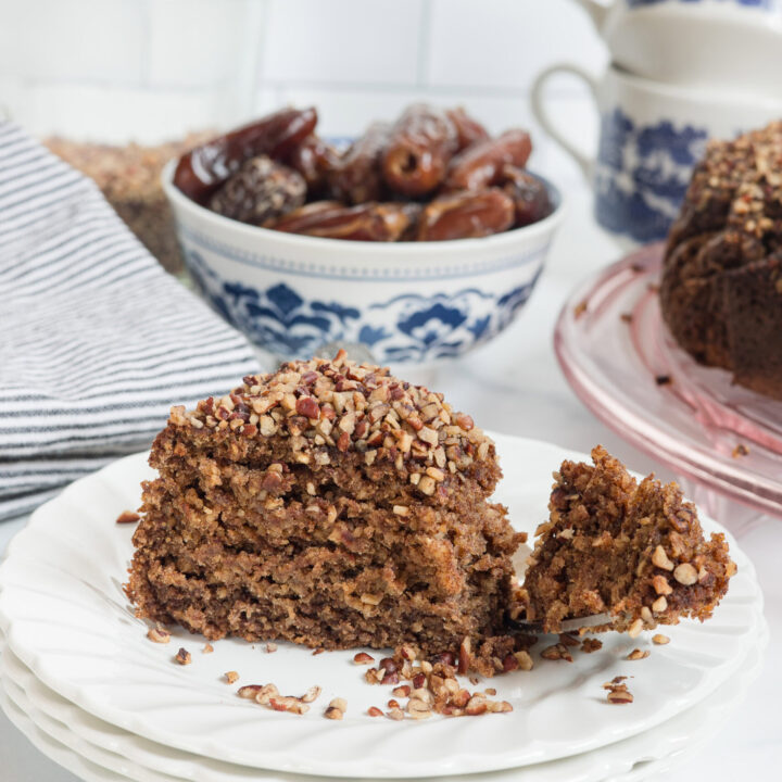 slice of date cake on a plate