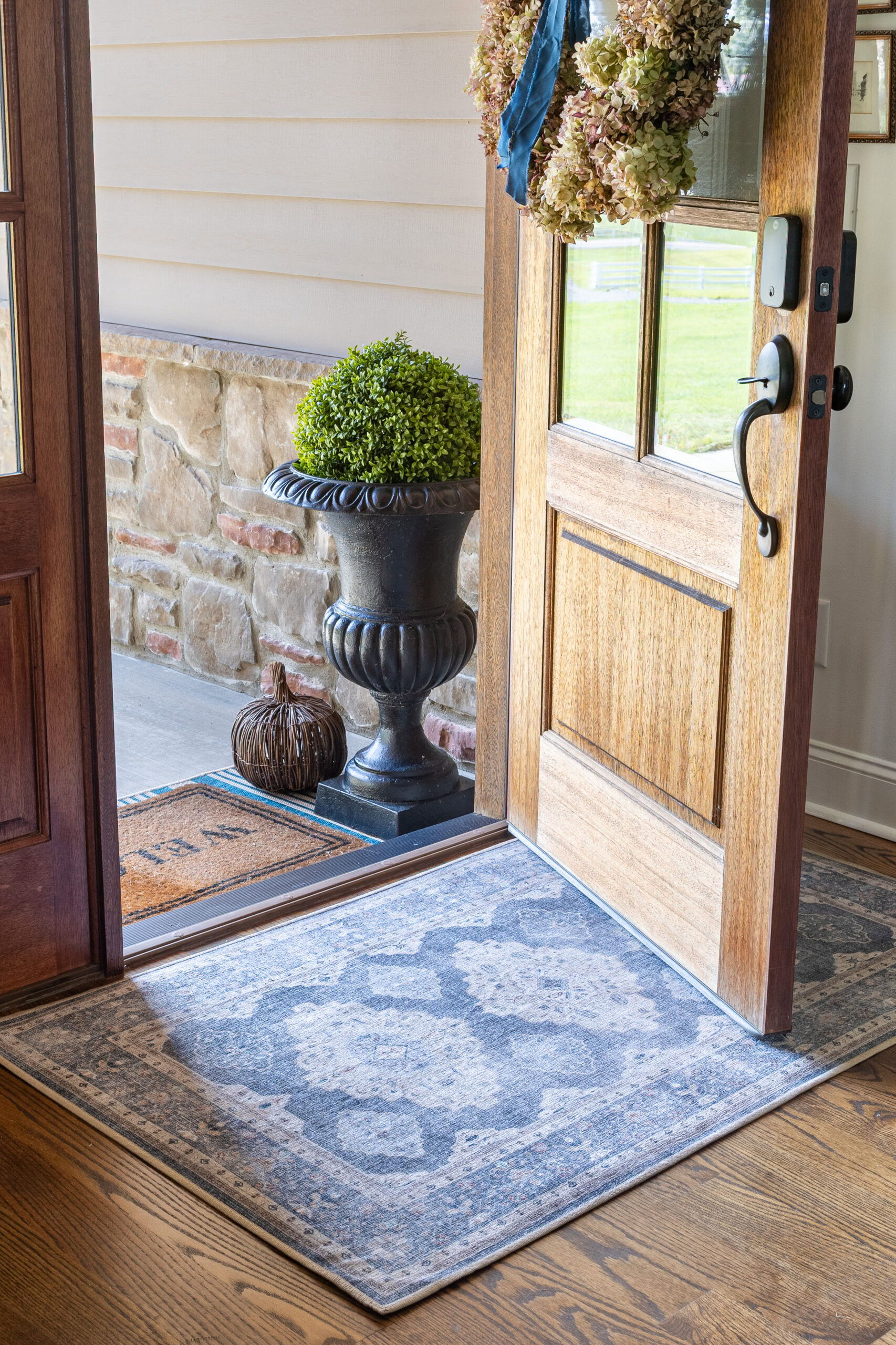 blue washable rug at front door entrway
