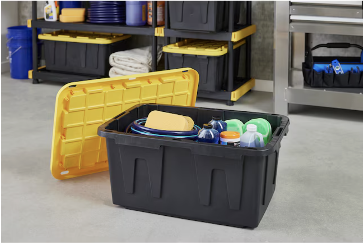 black storage bin with lid from Lowe's